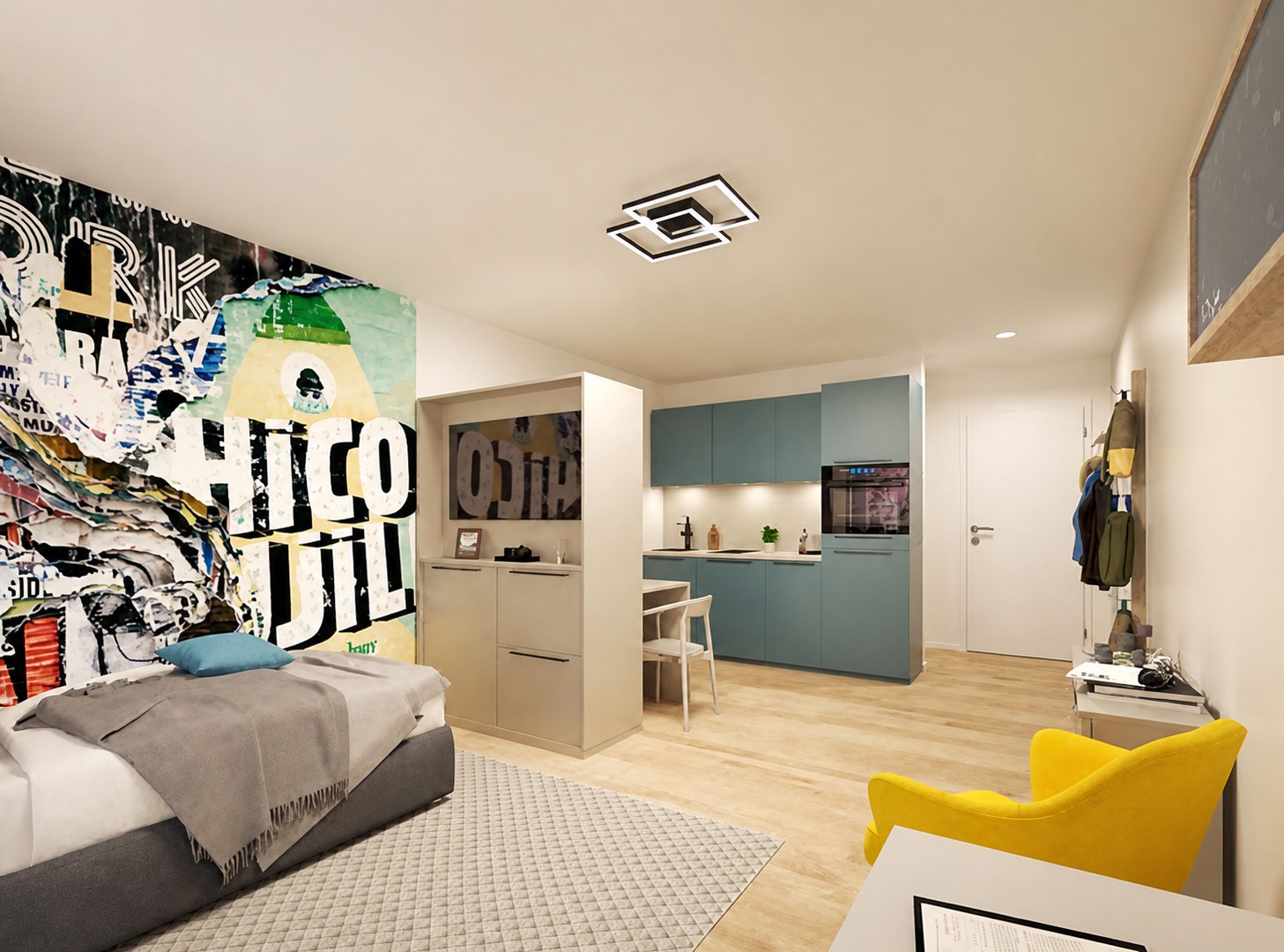 Kompaktes Apartment von Central Homes Fürth mit Schlafbereich, Küchenzeile und Sitzplatz